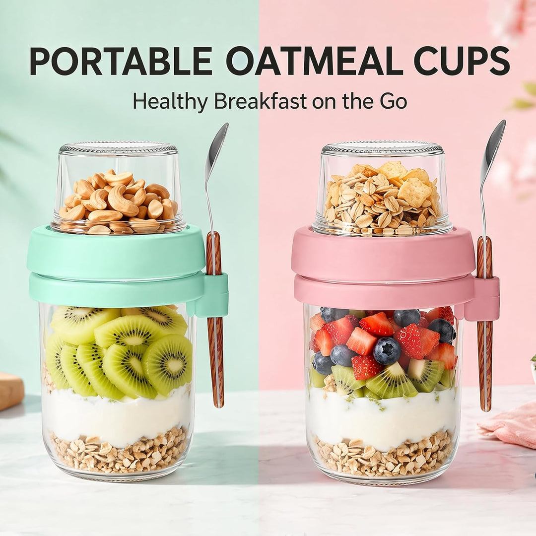 4er Set Müslibecher to Go mit Löffel, 480ml+120ml Overnight Oats Gläser, Joghurtbecher to go mit Dop