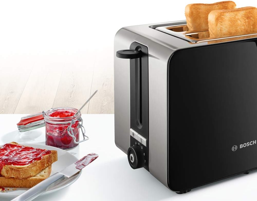 Bosch TAT7203 Kompakt-Toaster, Auftau/Aufknusperfunktion, 1050 W, Edelstahl/schwarz & belloser Wasse