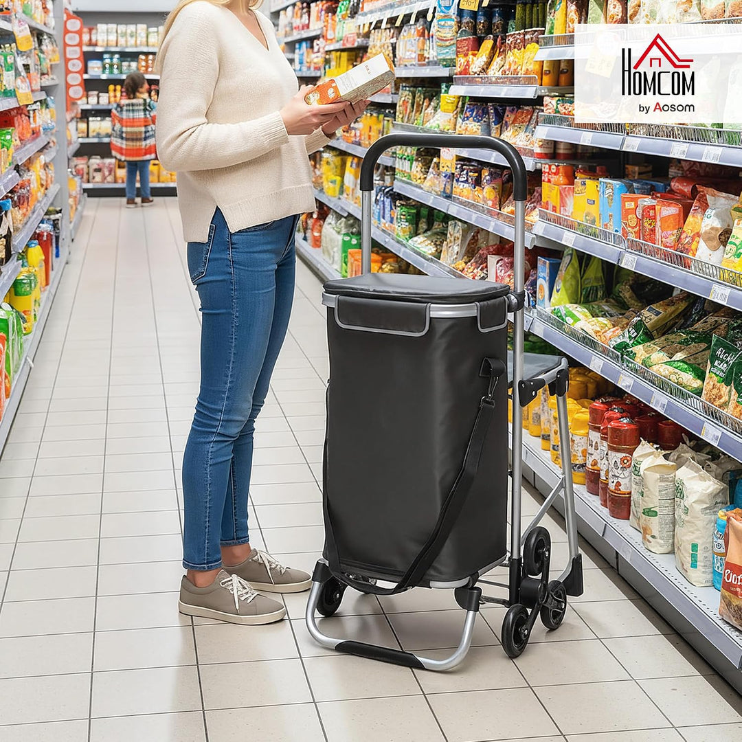 HOMCOM 3-in-1 Einkaufstrolley Klappbar mit Sitz 40L Kapazität Duneklgrau Dunkelgrau, Dunkelgrau