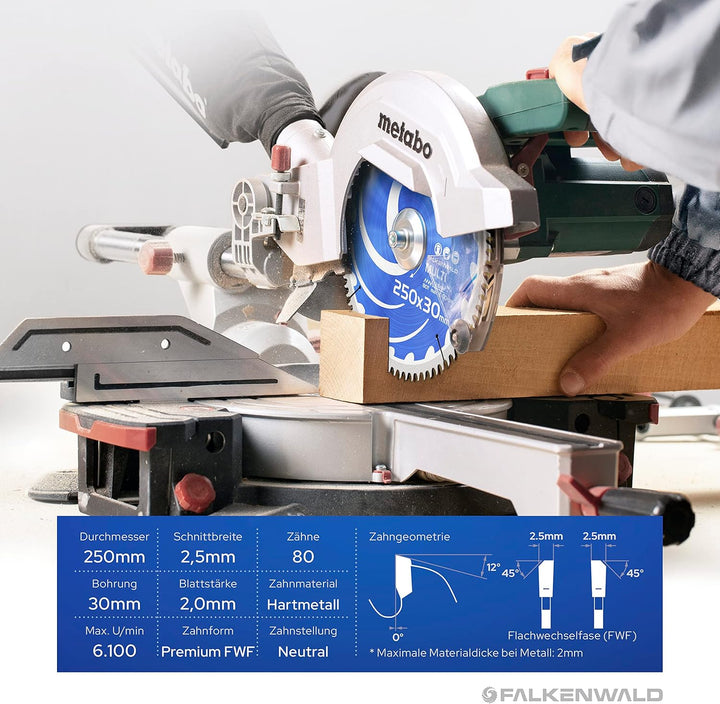 FALKENWALD ® Sägeblatt 250x30 mm - Ideal für Holz, Metall & Alu - Kreissägeblatt 250x30 kompatibel m