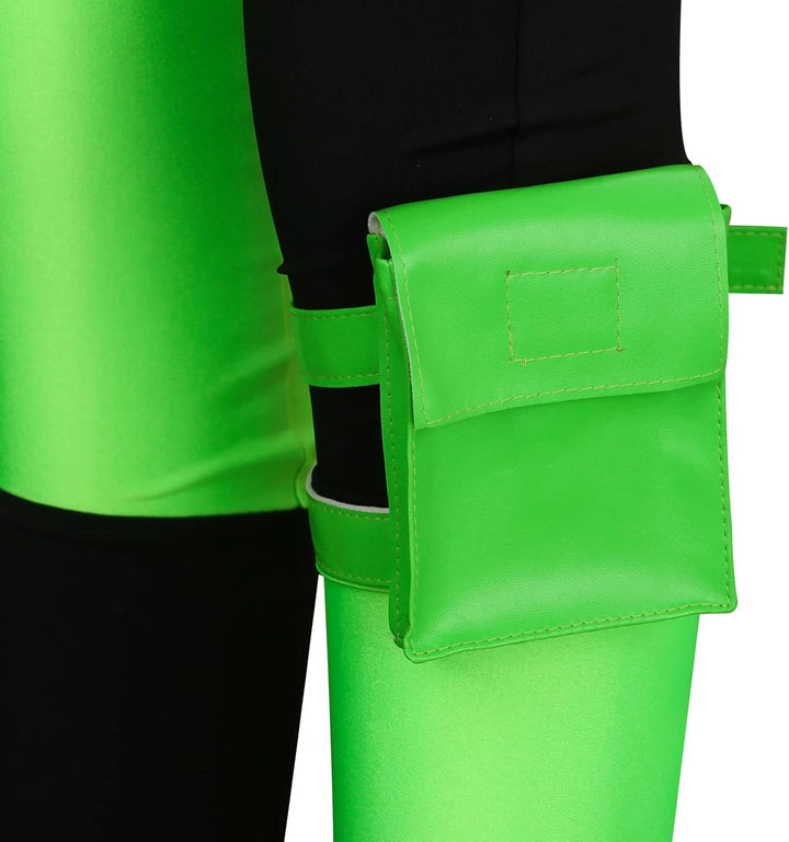 Funhoo Damen Shego Cosplay Kostüm Bodysuit Jumpsuit mit Handschuhen Beinbeutel Grün und Schwarz Frau
