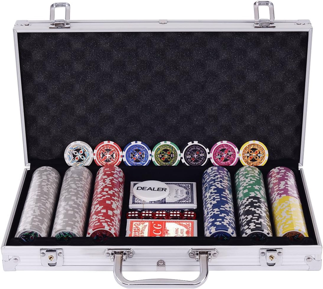 COSTWAY Pokerset Pokerkoffer 300 Laser-Chips Alukoffer inkl. Komplettset (Silber), Silber