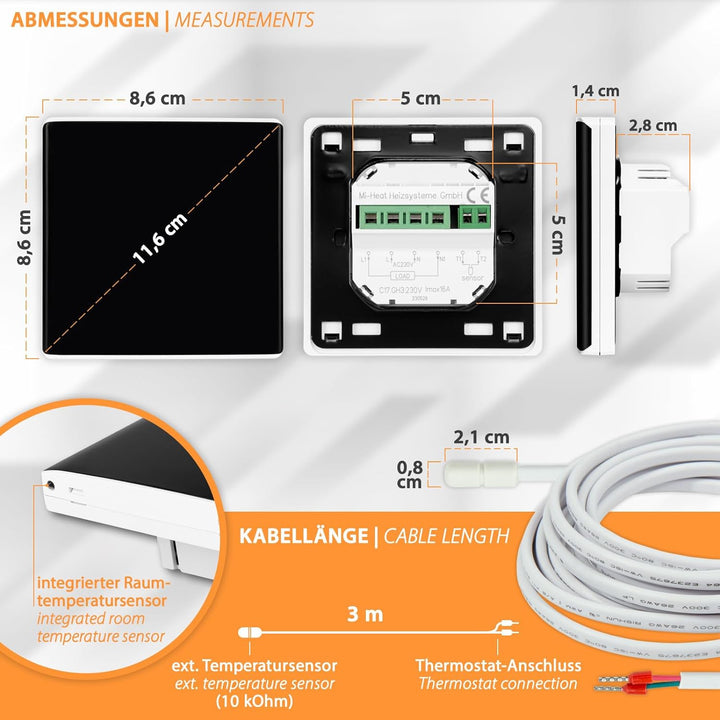 Modernes und elegantes Touchscreen Thermostat mit Programmiermöglichkeiten und inklusive Bodenfühler