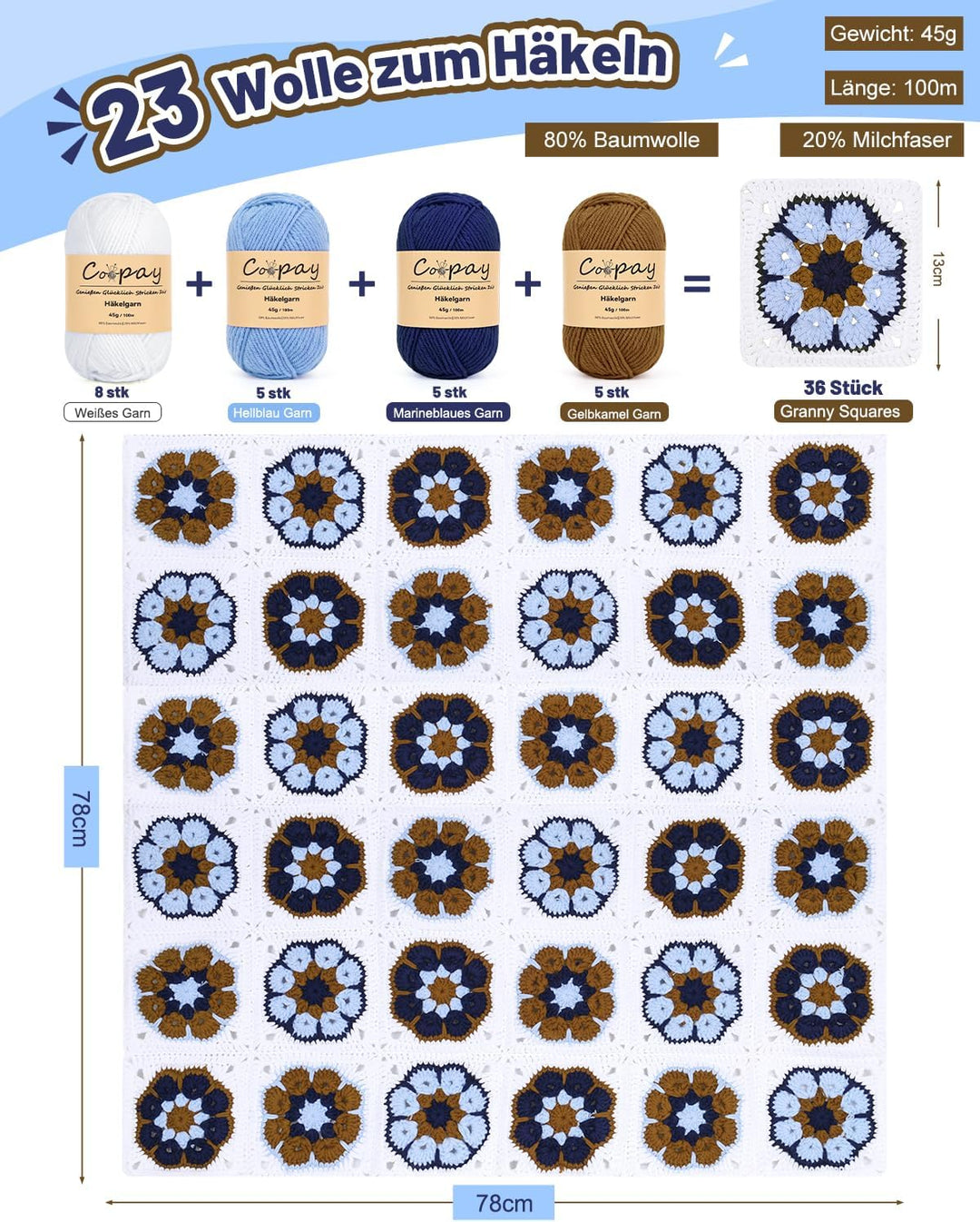 Coopay Granny Square Häkelset für Anfänger Profis, Komplettes Häkelset für Decke Häkeln, Häkel Set m