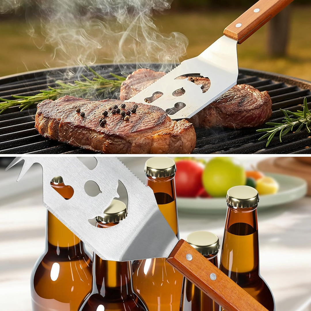 7 in 1 Multifunktion Grillbesteck Set, 2 Stück Edelstahl Grillspachtel für Barbecue Grill mit Holzgr