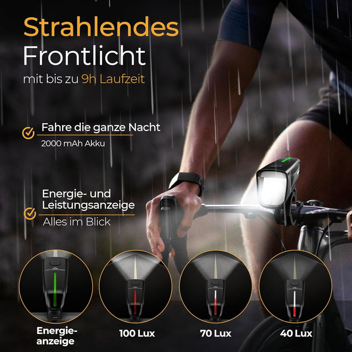 Fahrradlicht 100 Lux - 2000 mAh Akku - mit Reflektor und Bremslicht - StVZO zugelassen, USB-C auflad