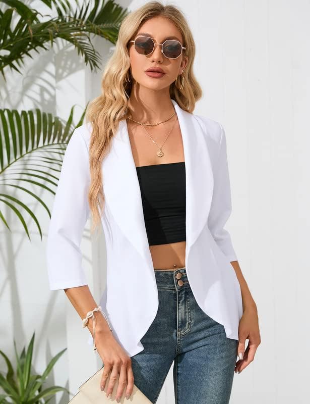 Business Jersey Blazer Damen Elegant Sportlich Taillierter Blazer 3/4 Ärmel Damen Gehrock, M Wei&#xD