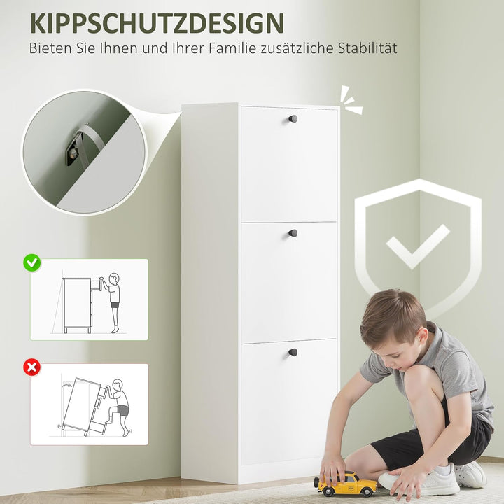 HOMCOM Schuhschrank mit 3 Klappen, Schuhregal mit Verstellbar Trennwand, Schuhkommode Schmal Schuhki