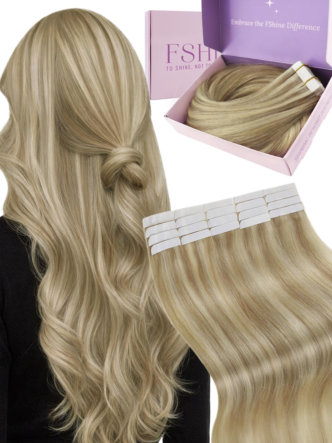 Fshine Tape in Extensions Echthaar 20 Stücke Echthaar Extensions Tape Goldblond mit Mittelblond für