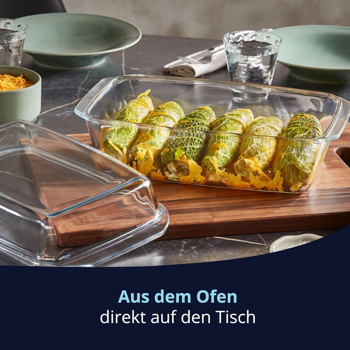 KHG Auflaufformen aus Glas mit Deckel 2er Set 3 Liter Rechteckig für kalte &amp; warme Speisen, spülmasc