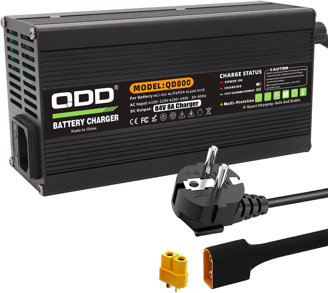 QDD 84V 8A Li-Ionen-Akku-Smart-Ladegerät mit Kühlventilator,schwarzes Aluminiumgehäuse,sicher und la