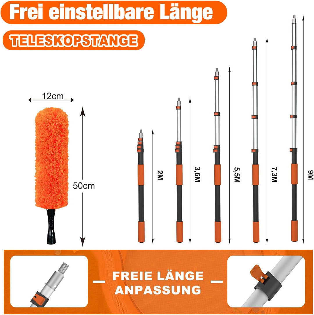 SISUPASSIE 9m Staubwedel Teleskop, Spinnenwebenentferner waschbar, Fensterputzer mit Teleskopstange