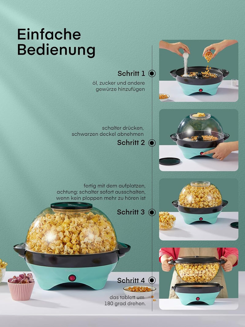 Popcornmaschine, 5,5L Popcorn Maschinen für Zuhause, Antihaftbeschichtung und Abnehmbare Heizfläche,