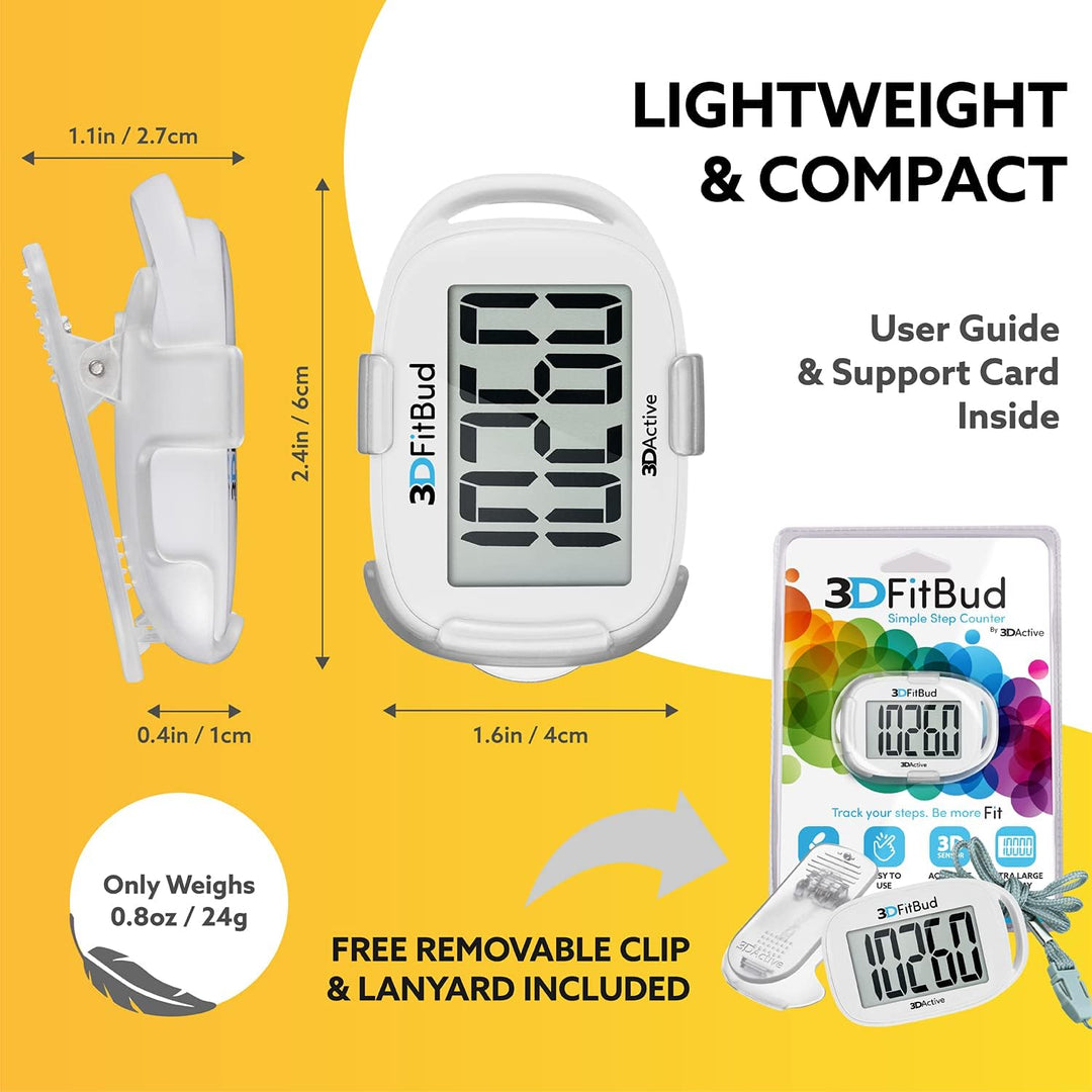 3DFitBud Einfacher Schrittzähler Gehen 3D-Schrittzähler mit Clip und Umhängeband, A420S Weiss mit Cl