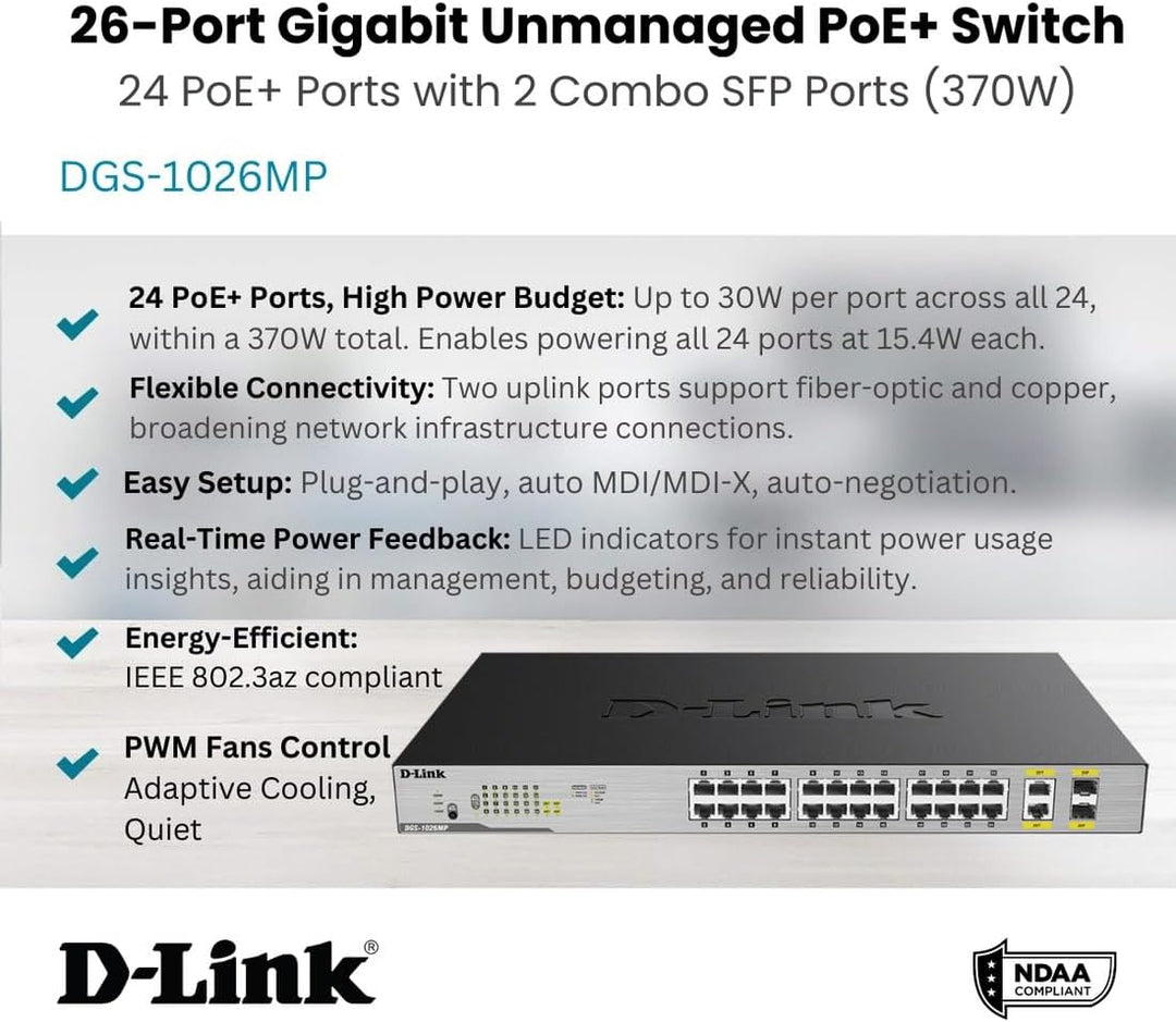 D-Link DGS-1026MP Layer2 PoE+ Gigabit Switch (26-Ports, davon 24 x 10/100/1000 Mbit/s PoE-Ports und