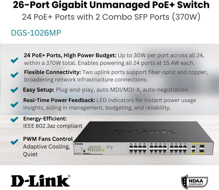 D-Link DGS-1026MP Layer2 PoE+ Gigabit Switch (26-Ports, davon 24 x 10/100/1000 Mbit/s PoE-Ports und