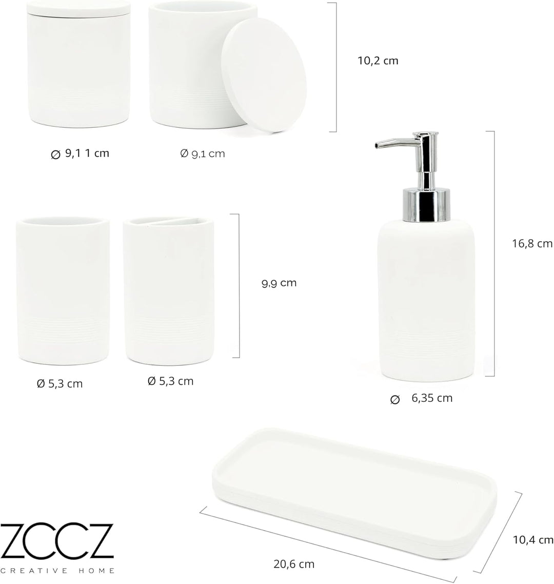ZCCZ - Weisses Badezimmer-Zubehör-Set 6-teilig – Zahnbürstenhalter, Lotionseifenspender, 2 Qtip-Halt