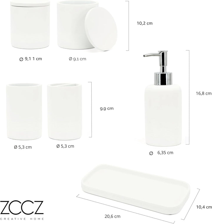 ZCCZ - Weisses Badezimmer-Zubehör-Set 6-teilig – Zahnbürstenhalter, Lotionseifenspender, 2 Qtip-Halt
