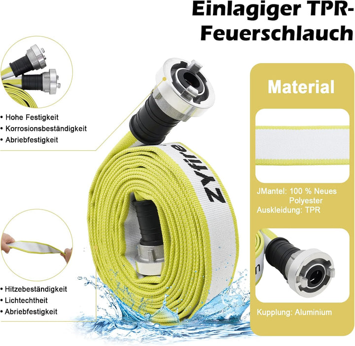 ZYfire Feuerwehrschlauch 25mm x 5m | 1 Zoll Feuerschlauch mit D-Storz Kupplung | flexibler Wassersch