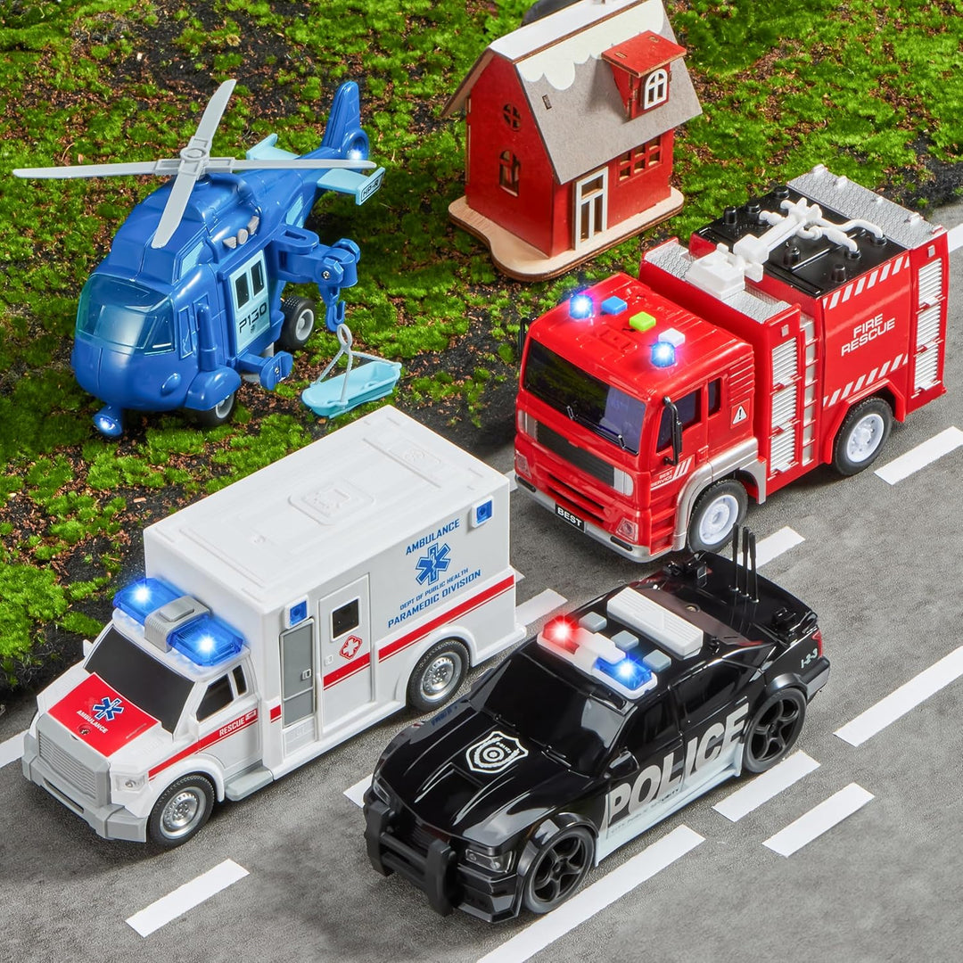 JOYIN 4er Pack Reibungsgetriebenes City Hero Spielzeug mit Feuerwehrauto, Krankenwagen, Polizeiauto