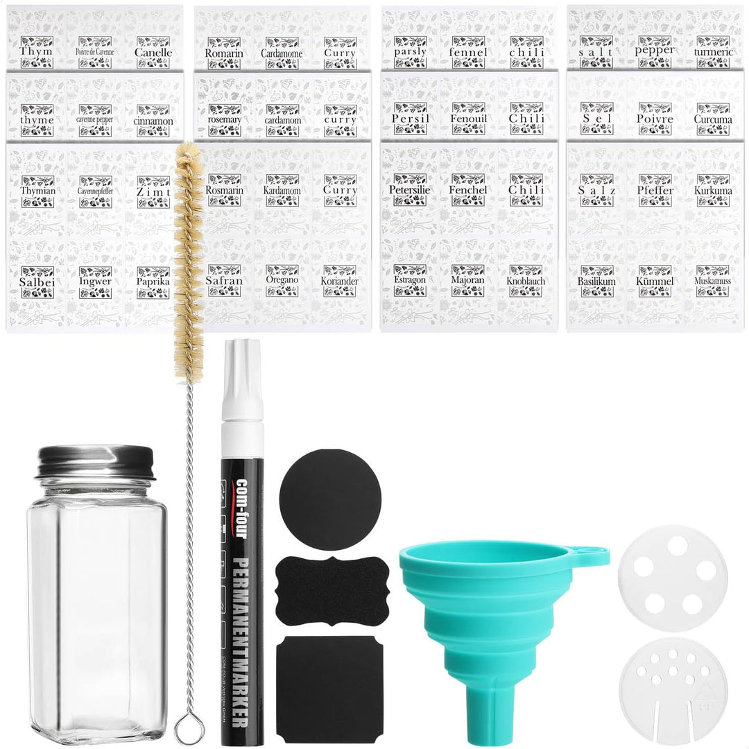 com-four® Gewürzgläser Set [ Eckig - 12x | 120ml ] mit Gewürzetiketten, je 2 Streueinsätze, Stift zu