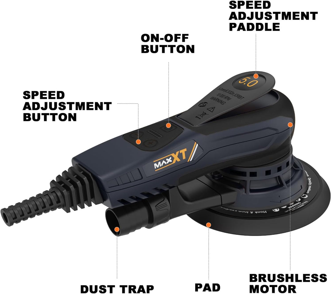 Bürstenloser MAXXT Elektroschleifer 350 W – Exzenterschleifer 5.0 mit 150 & 125 mm Scheiben, Dreiker
