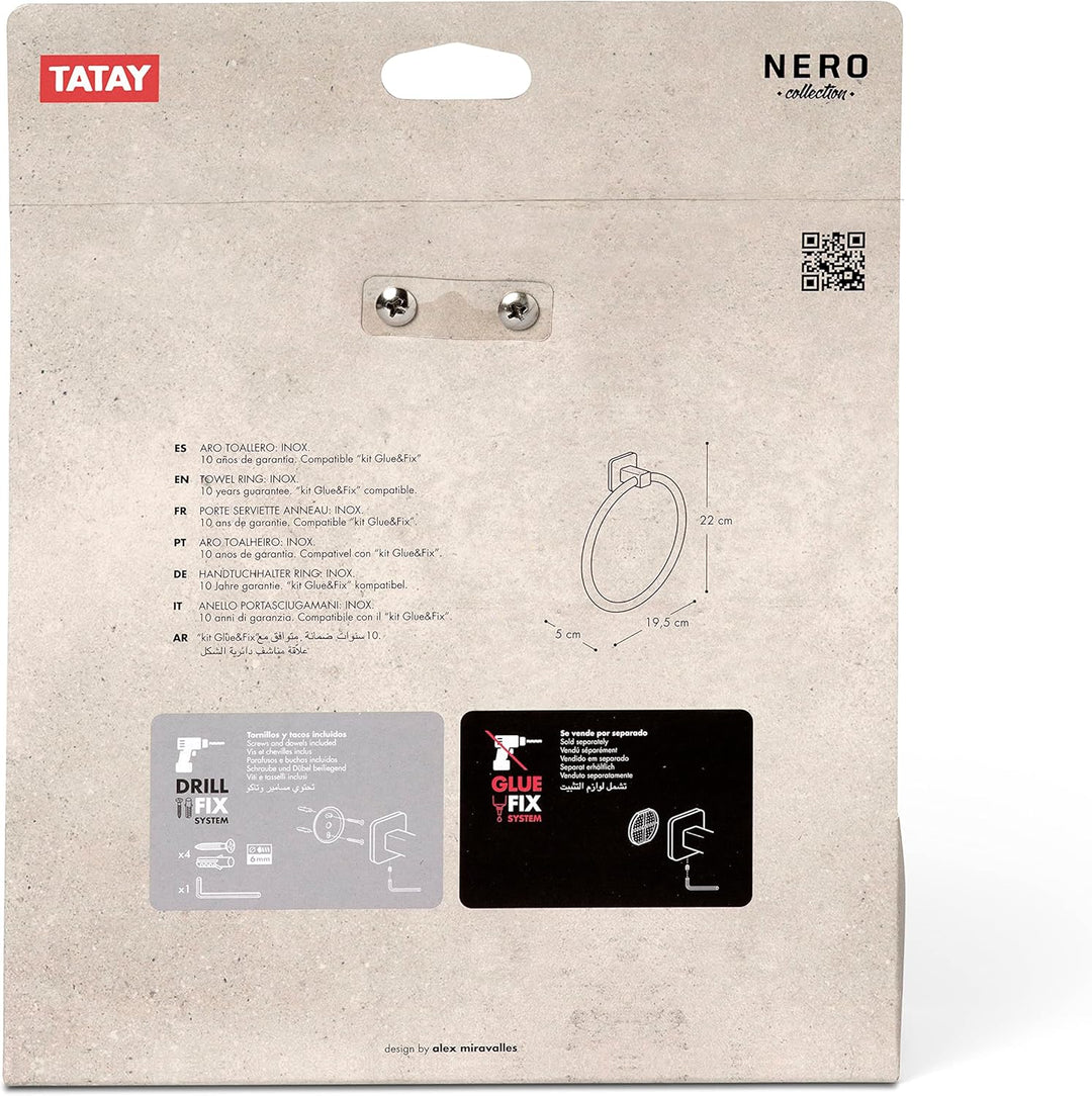 TATAY Handtuchring für das Bad, Nero-Kollektion von Badezimmer Accessoires, Edelstahl und Zamak, Trä