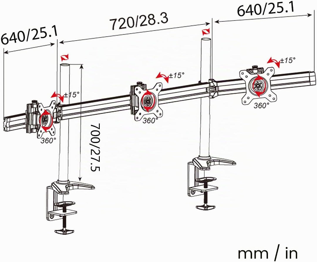 HFTEK 3-Fach-Monitorarm-Halterung Halter Tischhalterung für 3 Monitore von 15 – 34 Zoll mit Tisch-Kl