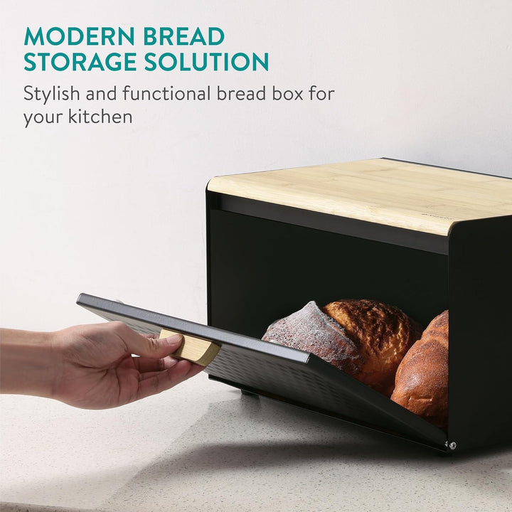 Navaris Brotkasten Metall Gross Schwarz - Brotbox Küche mit Bambus Deckel - Praktische Aufbewahrung