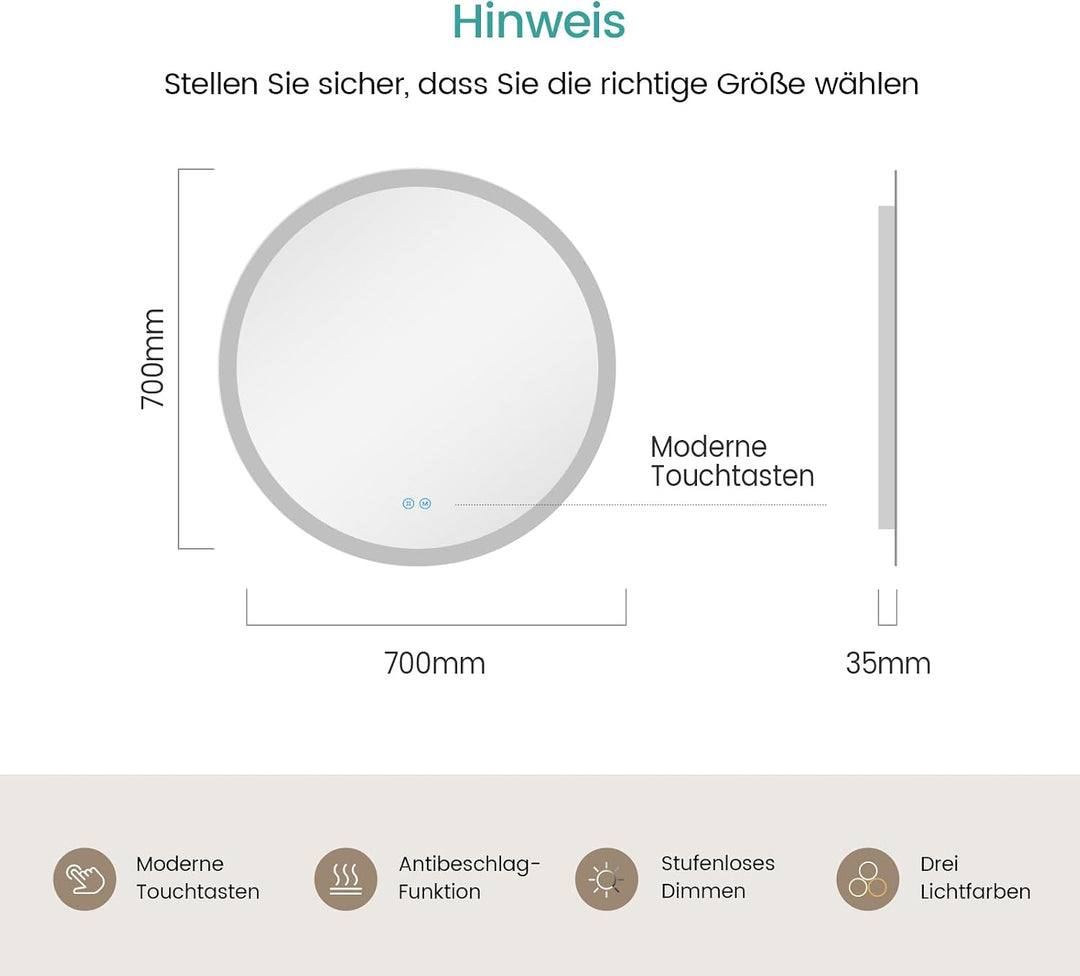 EMKE Badspiegel mit Beleuchtung Rund 70cm, Badezimmerspiegel mit dimmbarer Beleuchtung, 3 Lichtfarbe