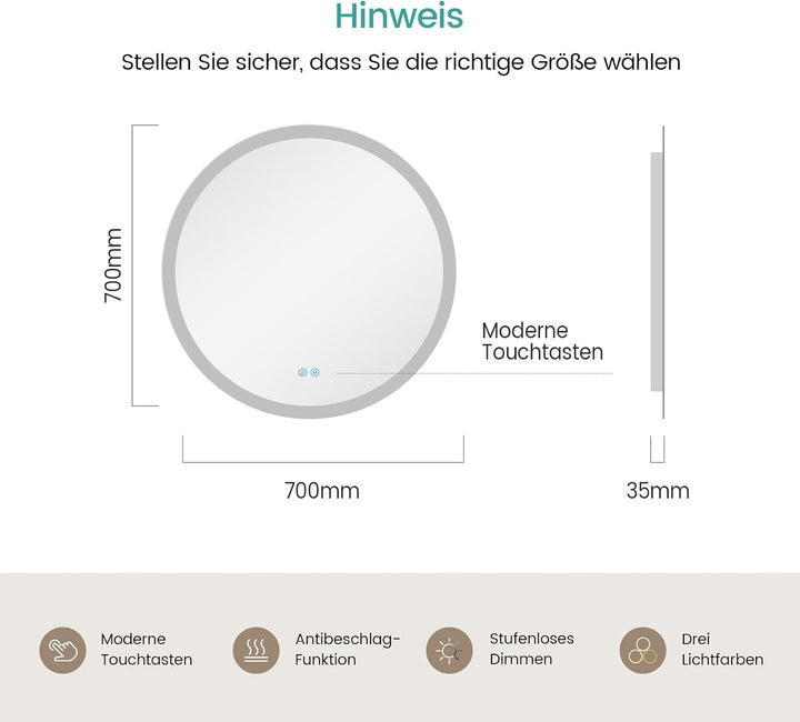 EMKE Badspiegel mit Beleuchtung Rund 70cm, Badezimmerspiegel mit dimmbarer Beleuchtung, 3 Lichtfarbe