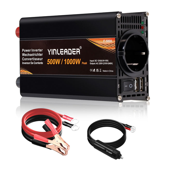Yinleader Wechselrichter 500W DC 12V auf 230V AC und 1 EU Steckdose 2 USB KFZ-Spannungswandler, 500W