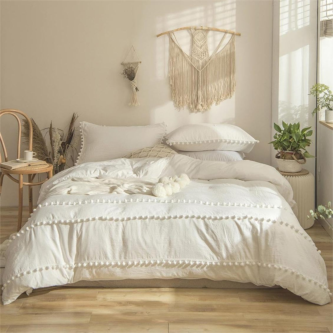 Freyamy Böhmen Bettwäsche 135x200cm 4teilig Weiss Pom Pom Boho Chic Wendebettwäsche Gewaschene Micro