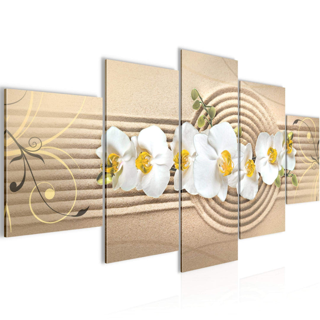 Runa Art Wandbilder Blumen Orchidee 5 Teilig Bild auf Vlies Leinwand Deko Wohnzimmer Sand Beige Gelb