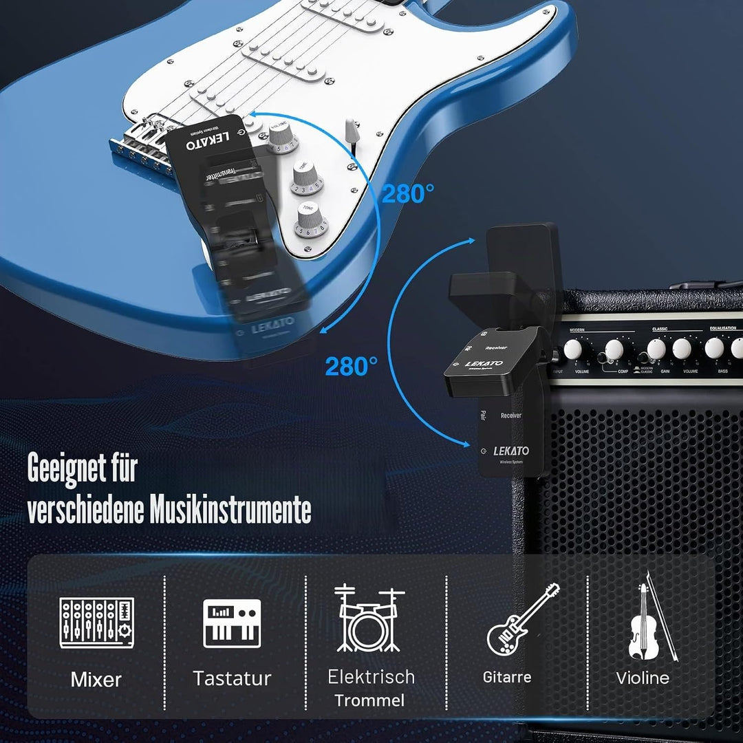 LEKATO 2.4GHz Aufgerüstet Wireless Gitarrensystem E Gitarren Sender mit Kabellos Gitarre Transmitter
