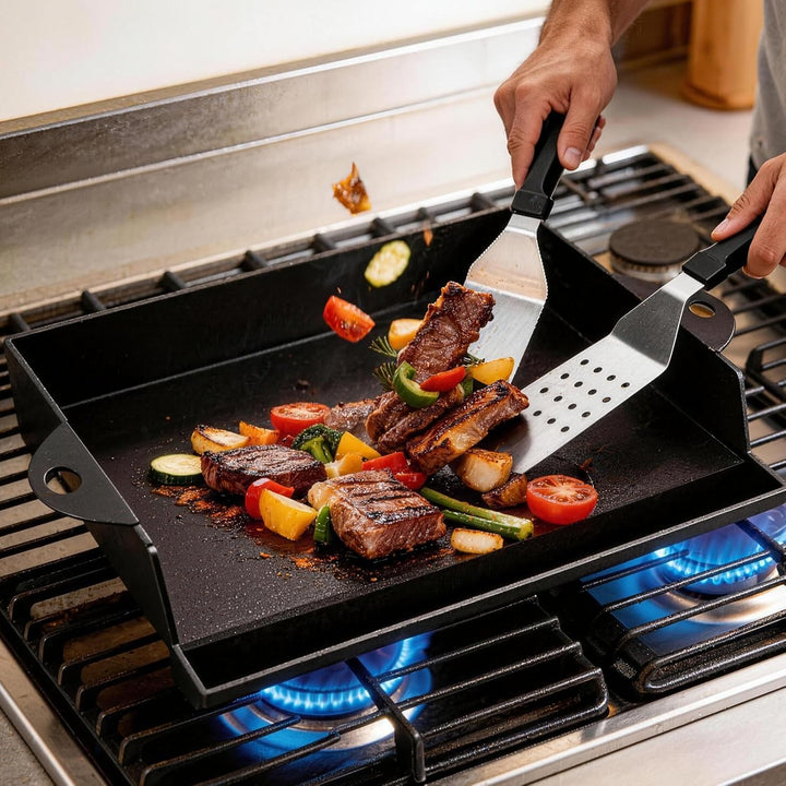 WELL GRILL Plancha-Grillplatte mit Grill-Spachtel Schaber set, Porzellanemailliertem Gusseisen Grill
