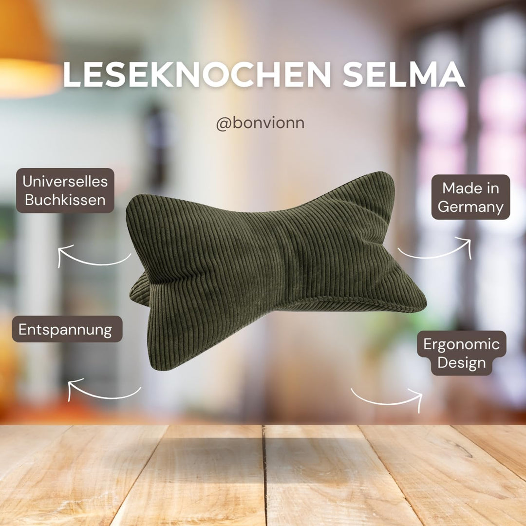 Leseknochen Selma Cord Look ergonomische Form für Nacken- oder Lendenstütze Flexible Stütze für Büch