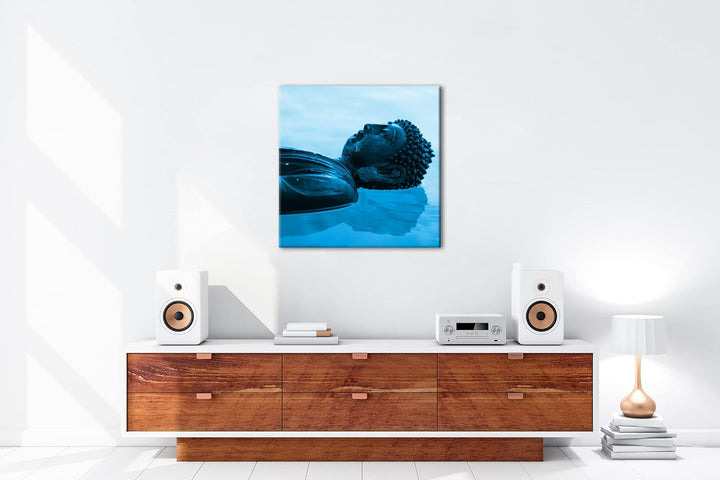 deyoli Buddha Statue am Wasser Format: 70x70 Effekt: Monocrome Blau als Leinwandbild, Motiv fertig g