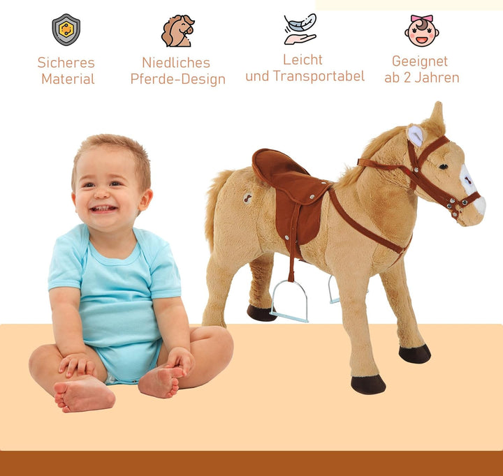 HOMCOM Reitpferd auf Rollen 60 cm Stehpferd mit Sattel, Zaumzeug Steigbügel Sound Spielpferd zum Rei
