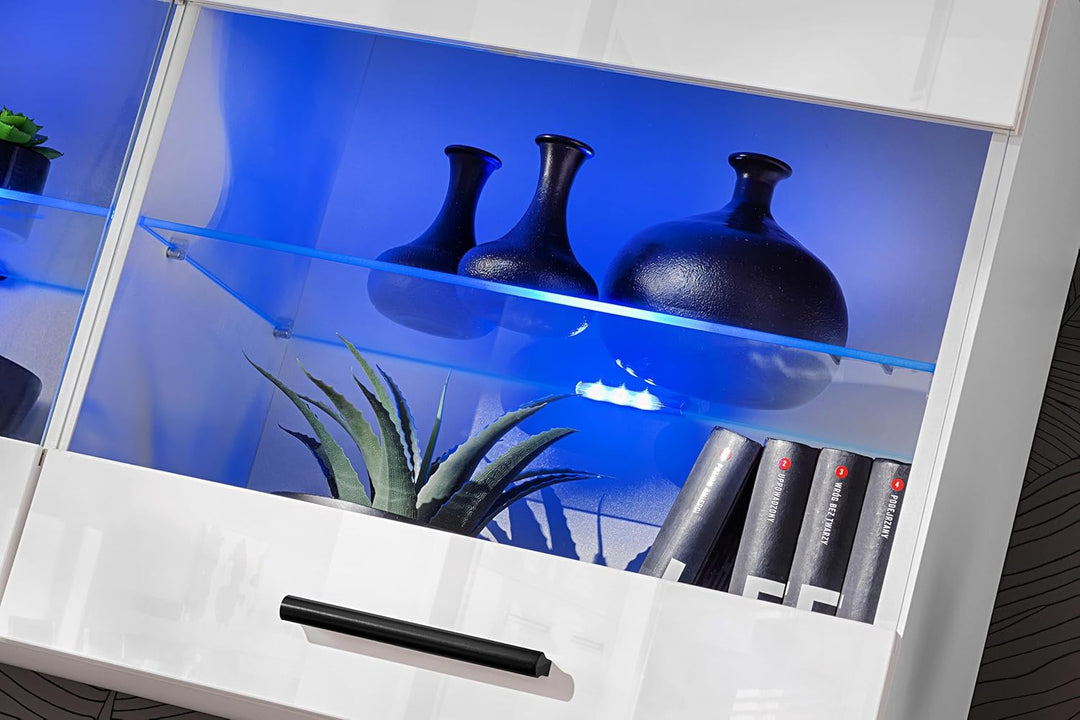 Vitrine Schrank Savona, Weiss/Weiss, Breite 100cm x Höhe 50cm x Tiefe 30cm, LED RGB, 2 Glasböden, 2