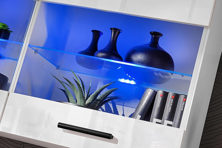 Vitrine Schrank Savona, Weiss/Weiss, Breite 100cm x Höhe 50cm x Tiefe 30cm, LED RGB, 2 Glasböden, 2