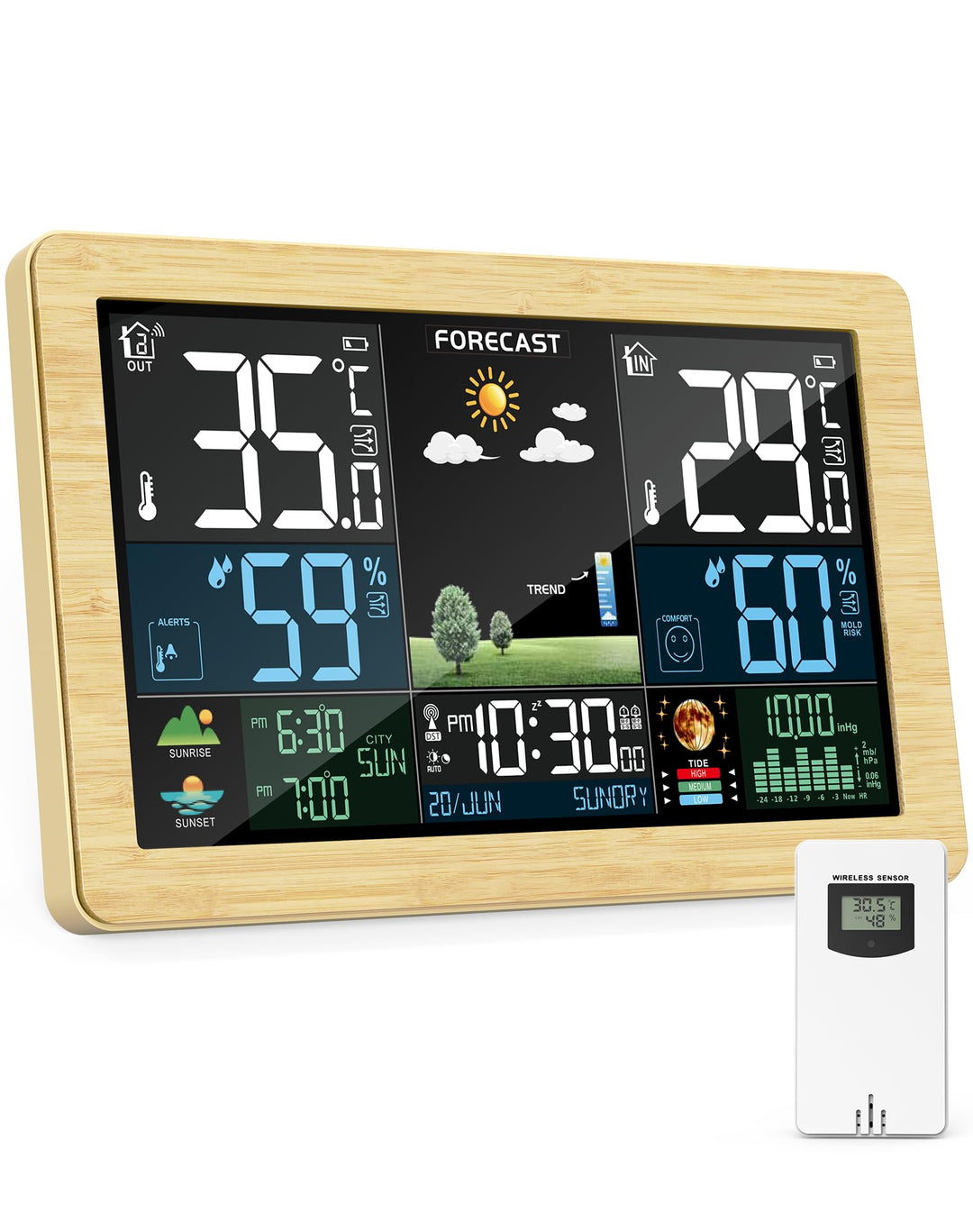 Wetterstation Funk mit Aussensensor, Farbdisplay, Wettervorhersage, Temperatur, Luftfeuchtigkeit, We