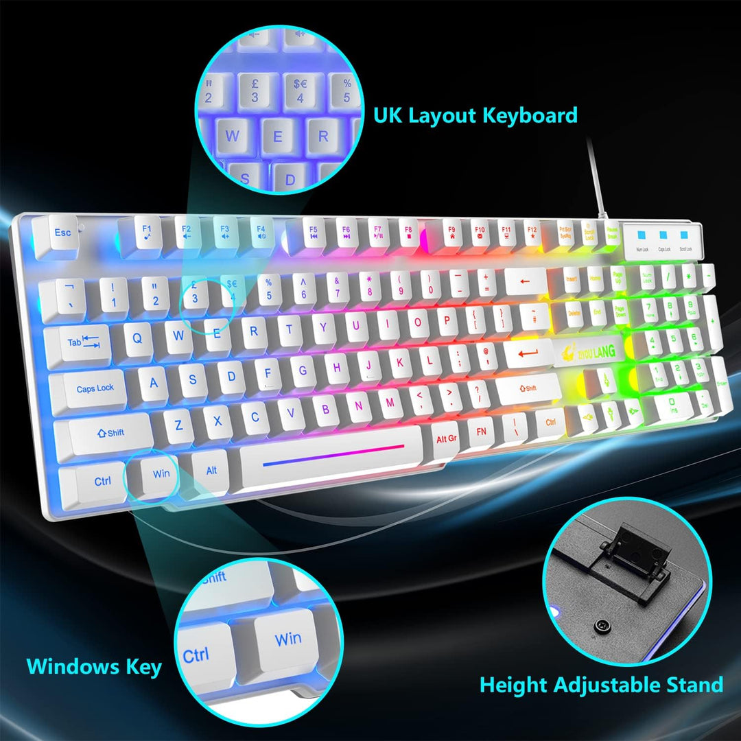 Gaming Tastatur Headset & Maus Set, 104 Tasten Rainbow Backlit UK Layout Tastatur 2400DPI Maus 7.1 S