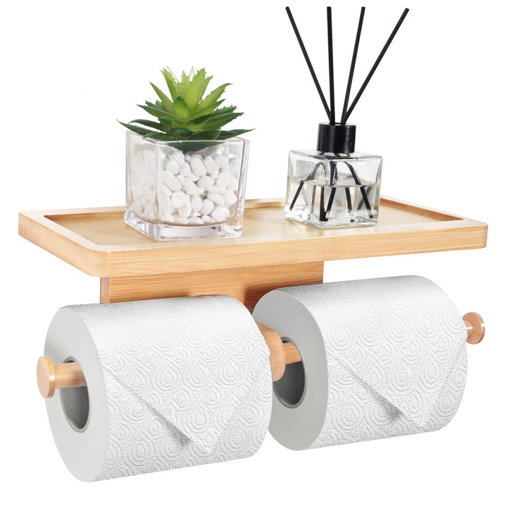 Toilettenpapierhalter Bambus, Doppelrollenhalter Klopapierhalter Ohne Bohren mit Ablage, Schnelle In