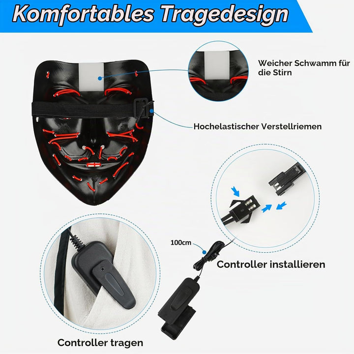 OUILA LED Halloween Maske, 2 Pack Neon Leuchtmaske mit 3 Leuchtmodi für Herren, Damen, Cosplay, Hall