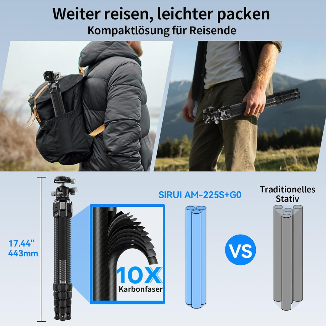 SIRUI Carbon Fiber Reise-Stativ AM-225S+G0 127 cm, Ultrakompakt 43 cm, Leicht 1,2 kg mit Flachkugelk