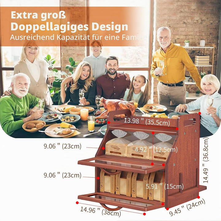 BAMBANG Extra Grosses Brotkasten, 2 Etagen Bambus Brotbox für Küchen, Holz Brotbehälter mit Werkzeug