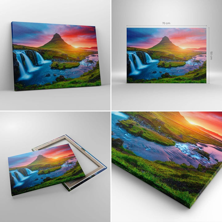 Bilder auf Leinwand Sonnenuntergang Wasserfall Island Vulkan Leinwandbild 70x50cm Wandbilder Dekorat