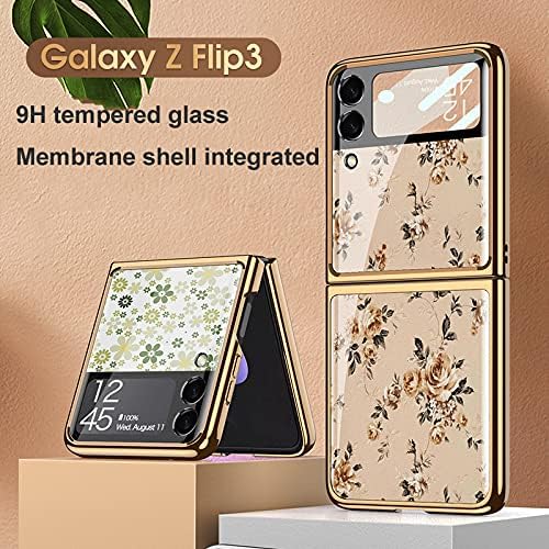 COQUE Galaxy Z Flip 3 5G Hülle,9H gehärtetes Glas Glänzend farbige Blumen Handyhülle, klappbare Hand