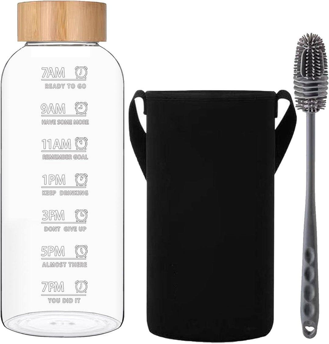 RNCKUUE 2 Liter Glasflasche, 2l Glas Trinkglasche, Wasserflasche Glas mit Neoprenhülle, Bambusdeckel